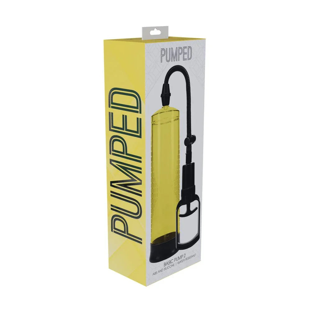 PUMPED Basic Penis Pump 2 in Yellow, front of the yellow retail box