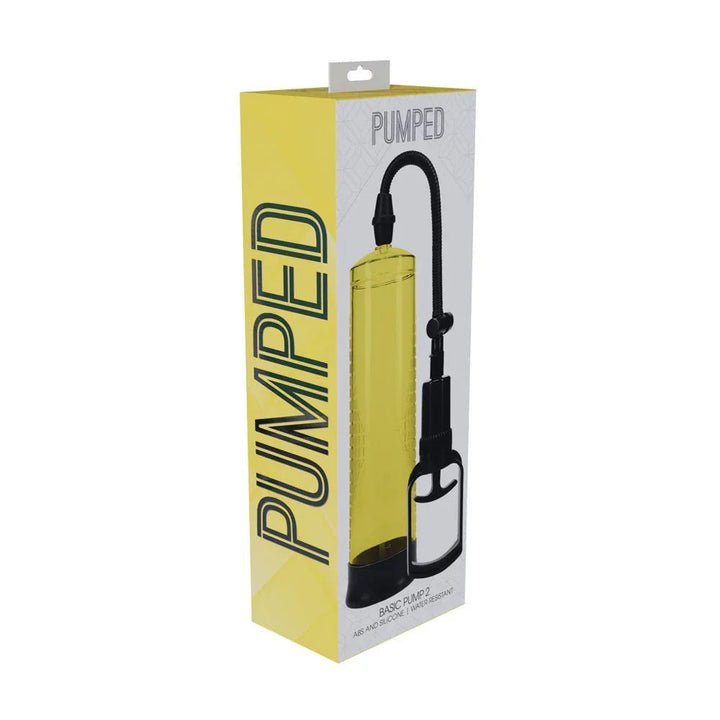 PUMPED Basic Penis Pump 2 in Yellow, front of the yellow retail box