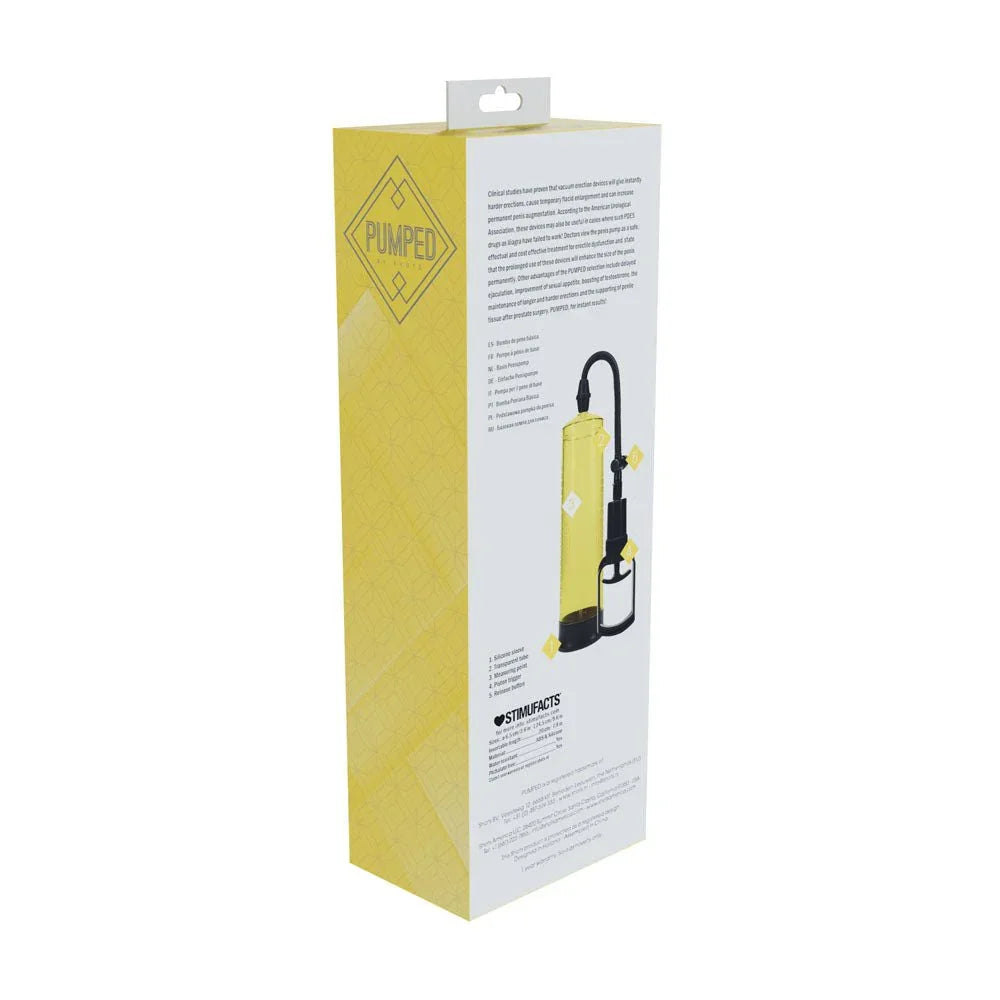 PUMPED Basic Penis Pump 2 in Yellow, back of the yellow box showing the instruction panel