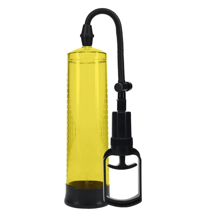 PUMPED Basic Penis Pump 2 in Yellow, the yellow cylinder upright with its hose and trigger handle