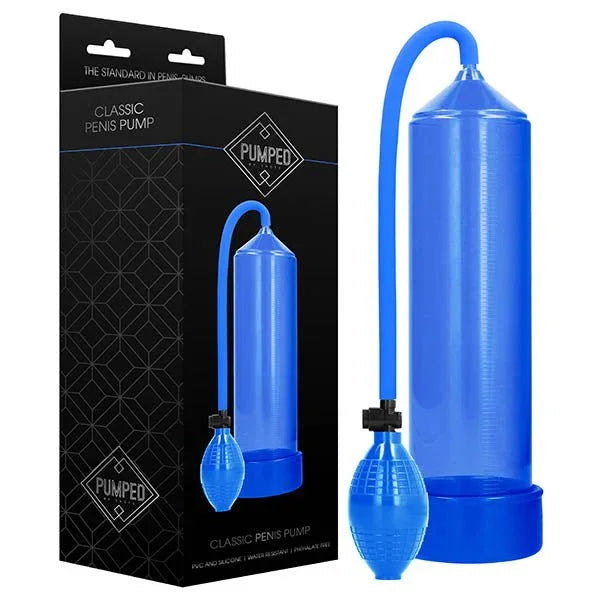 PUMPED Classic Penis Pump in Blue, retail box beside the blue cylinder, hose and squeeze bulb