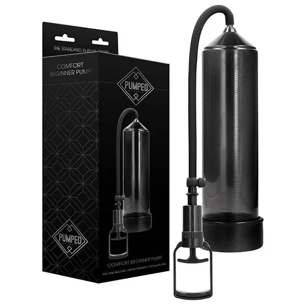 PUMPED Comfort Beginner Penis Pump in Black, retail box beside the black cylinder and trigger handle
