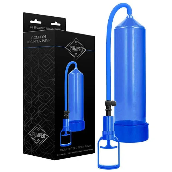 PUMPED Comfort Beginner Penis Pump in Blue, retail box beside the blue cylinder and trigger handle