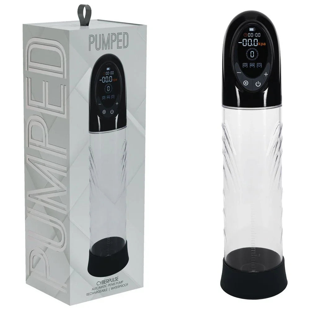 PUMPED CyberPulse Auto Penis Pump in Black, silver box beside the clear pump and its digital touch head