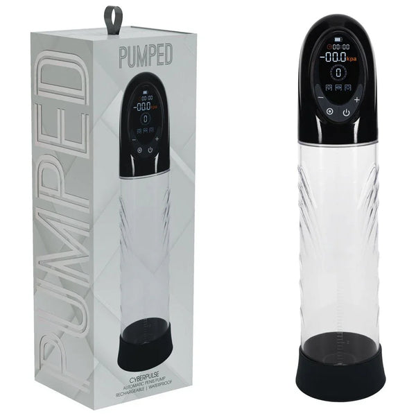 PUMPED CyberPulse Auto Penis Pump in Black, silver box beside the clear pump and its digital touch head