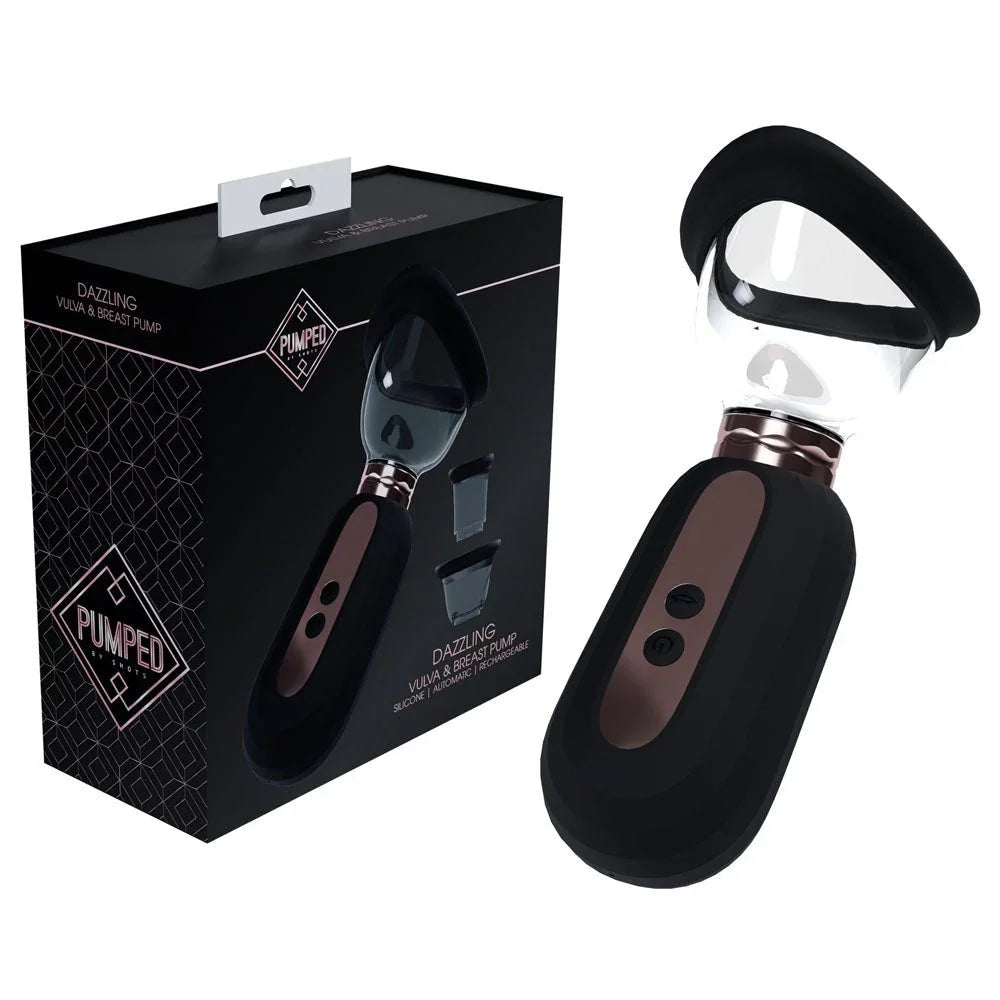 PUMPED Dazzling Auto Ladies Pump in Black, black box beside the pump and its clear suction cup