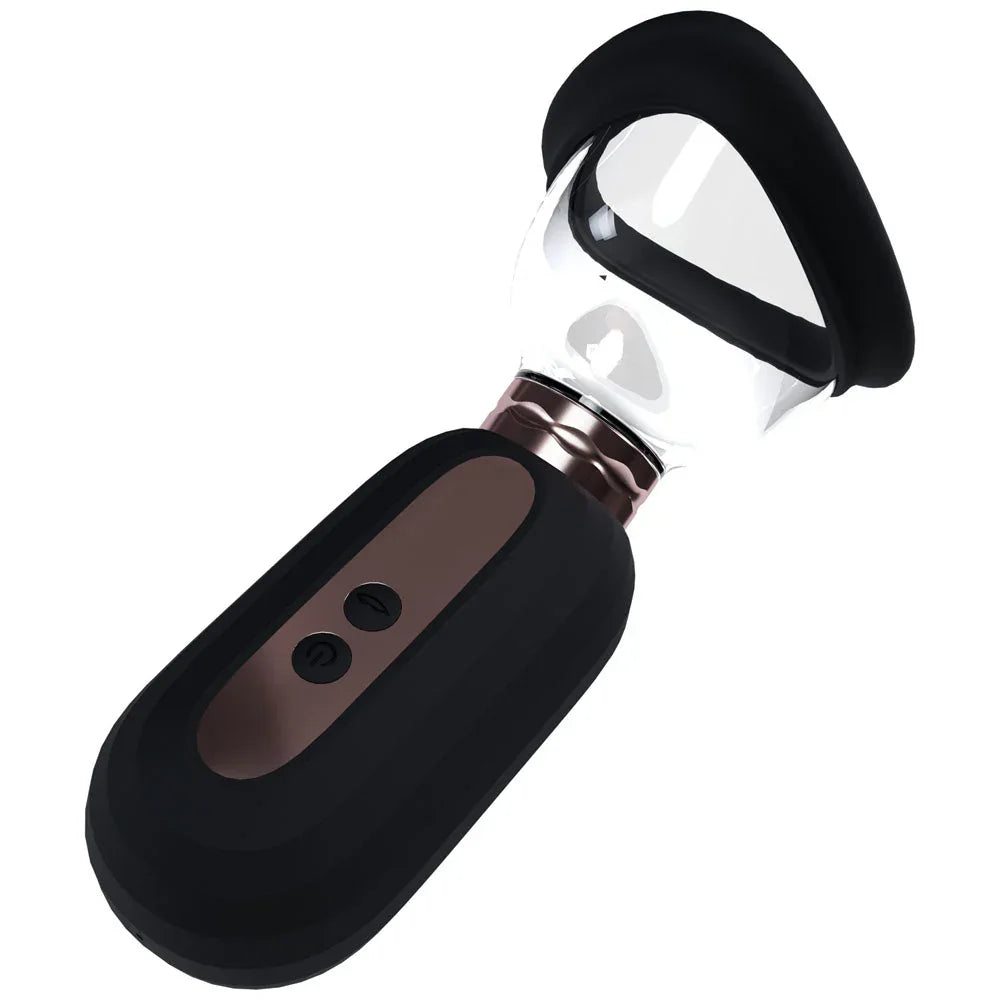 PUMPED Dazzling Auto Ladies Pump in Black, angled view of the handle and wide clear vulva cup
