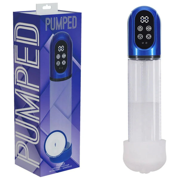 PUMPED Engage Auto Penis Pump in Blue, blue box beside the pump with its digital head and soft sleeve