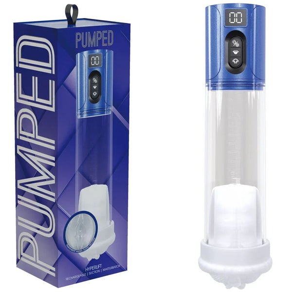 PUMPED HyperLift Auto Penis Pump in Blue, blue box beside the pump with digital display and clear sleeve