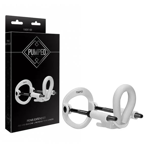 PUMPED Penis Extender Sleeve in White, retail box beside the twin-rod extender frame and loops