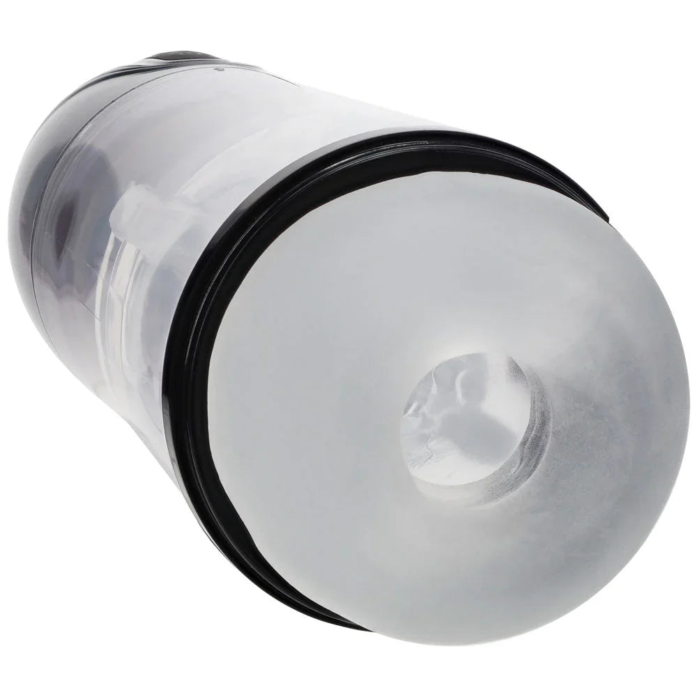 PUMPED SonicPull Auto Masturbator in Gunmetal, tilted to show the soft entry opening