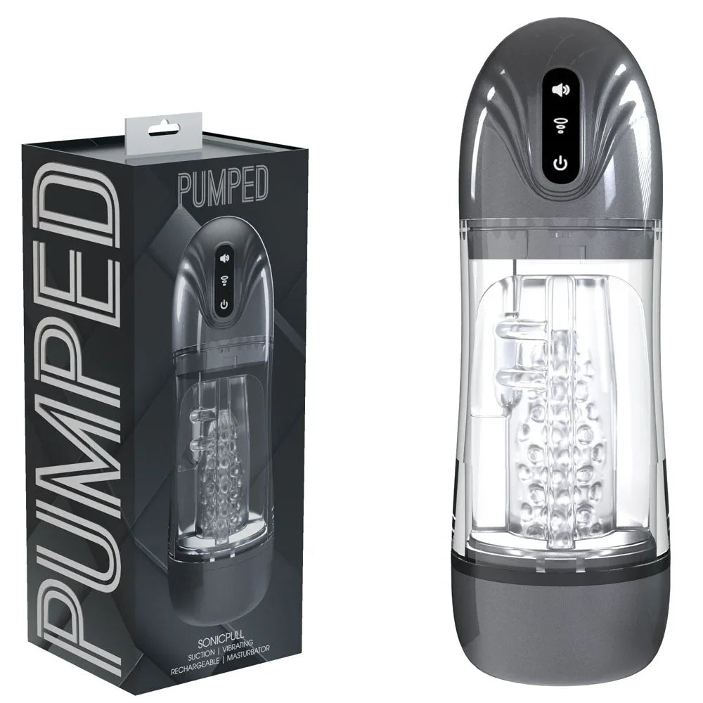 PUMPED SonicPull Auto Masturbator in Gunmetal, retail box beside the clear-barrelled stroker