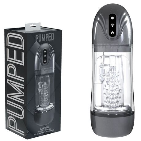 Buy PUMPED SonicPull - Gunmetal - Gunmetal Grey/Clear USB Rechargeable Sucking And Vibrating Auto Masturbator – Naughtyhut NZ sex toys online. Discreet delivery & top brands.