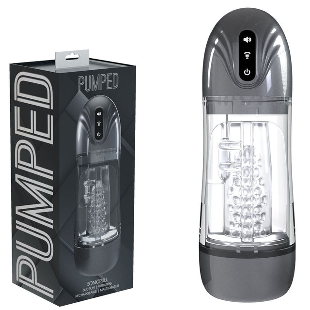 Buy PUMPED SonicPull - Gunmetal - Gunmetal Grey/Clear USB Rechargeable Sucking And Vibrating Auto Masturbator – Naughtyhut NZ sex toys online. Discreet delivery & top brands.