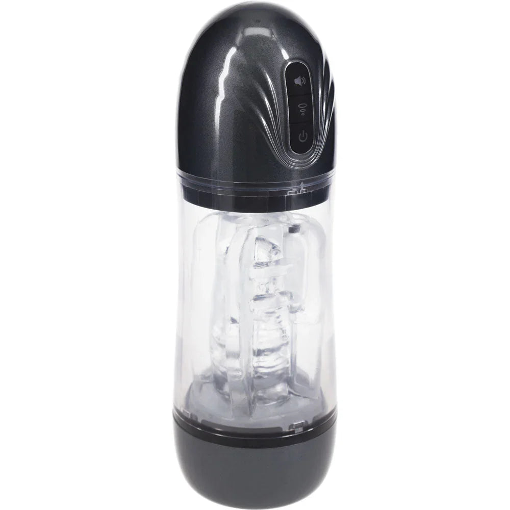 PUMPED SonicPull Auto Masturbator in Gunmetal, three-quarter view showing the ribbed inner sleeve