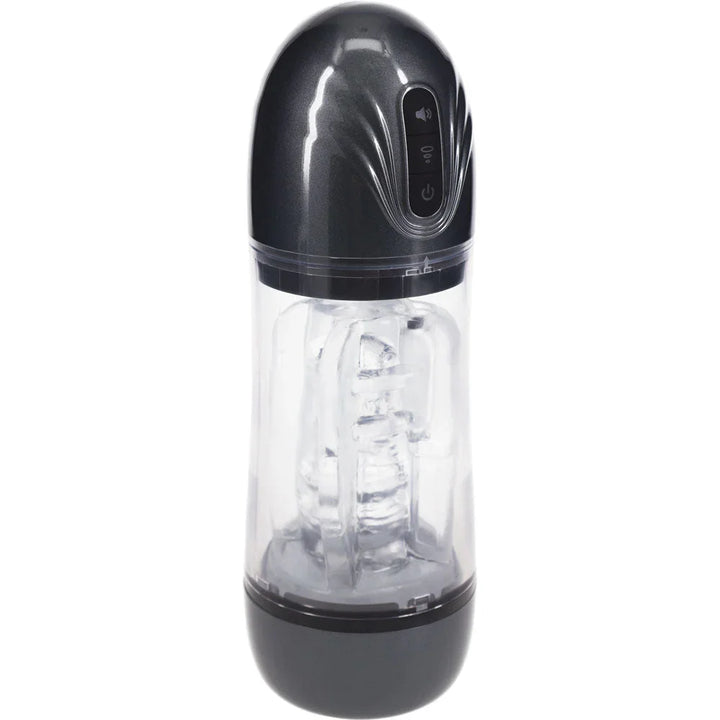 PUMPED SonicPull Auto Masturbator in Gunmetal, three-quarter view showing the ribbed inner sleeve