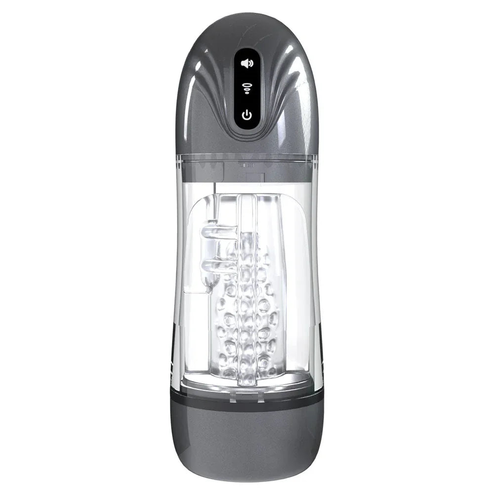 PUMPED SonicPull Auto Masturbator in Gunmetal, upright front view showing the control icons