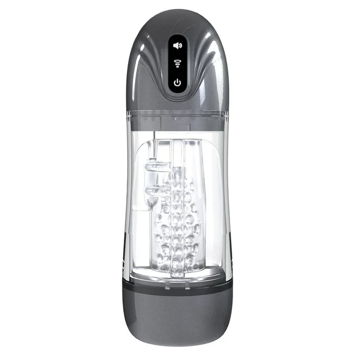 PUMPED SonicPull Auto Masturbator in Gunmetal, upright front view showing the control icons