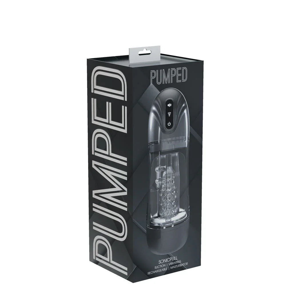 PUMPED SonicPull Auto Masturbator in Gunmetal, front of the grey PUMPED retail box