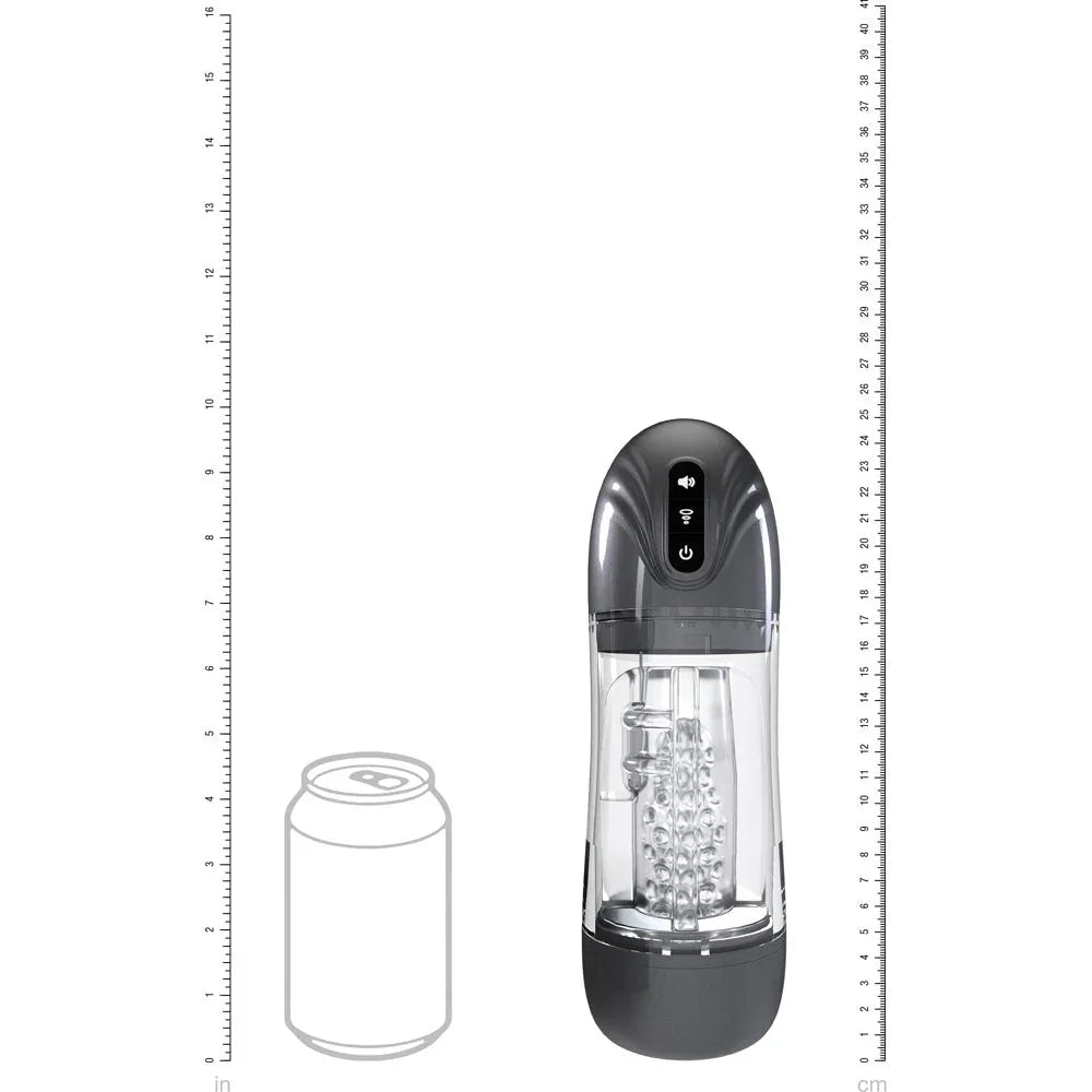 PUMPED SonicPull Auto Masturbator in Gunmetal, scale diagram sizing the stroker against a drink can