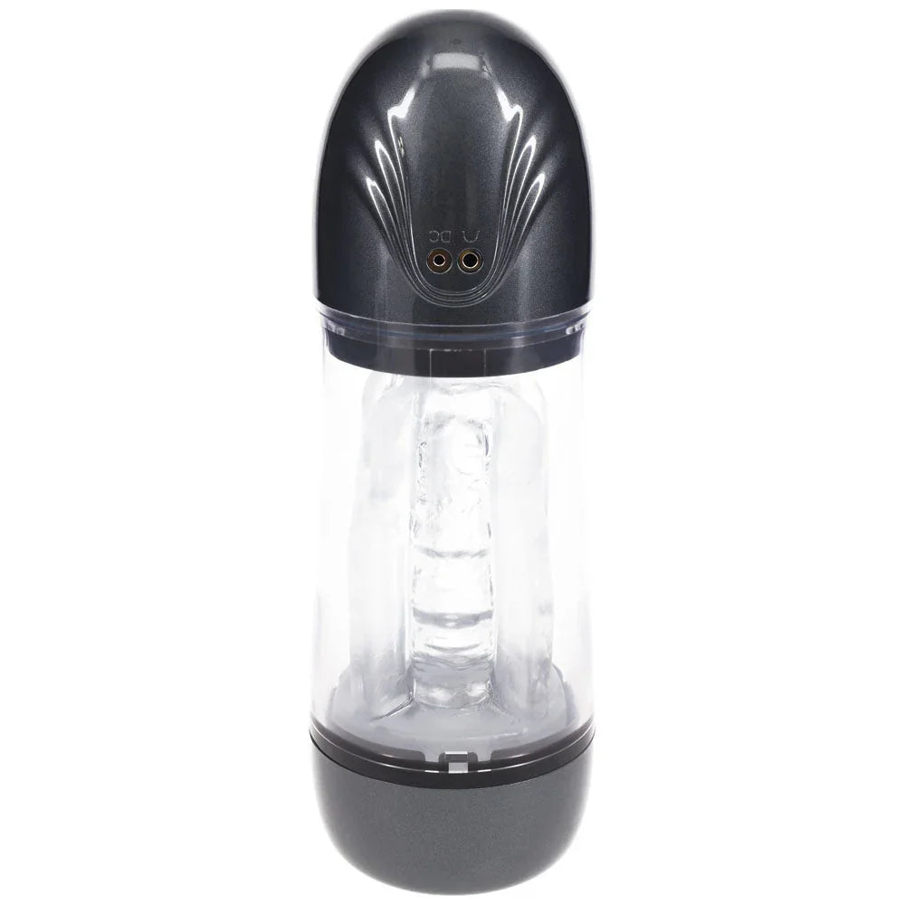 PUMPED SonicPull Auto Masturbator in Gunmetal, rear view showing the charging contacts on the cap