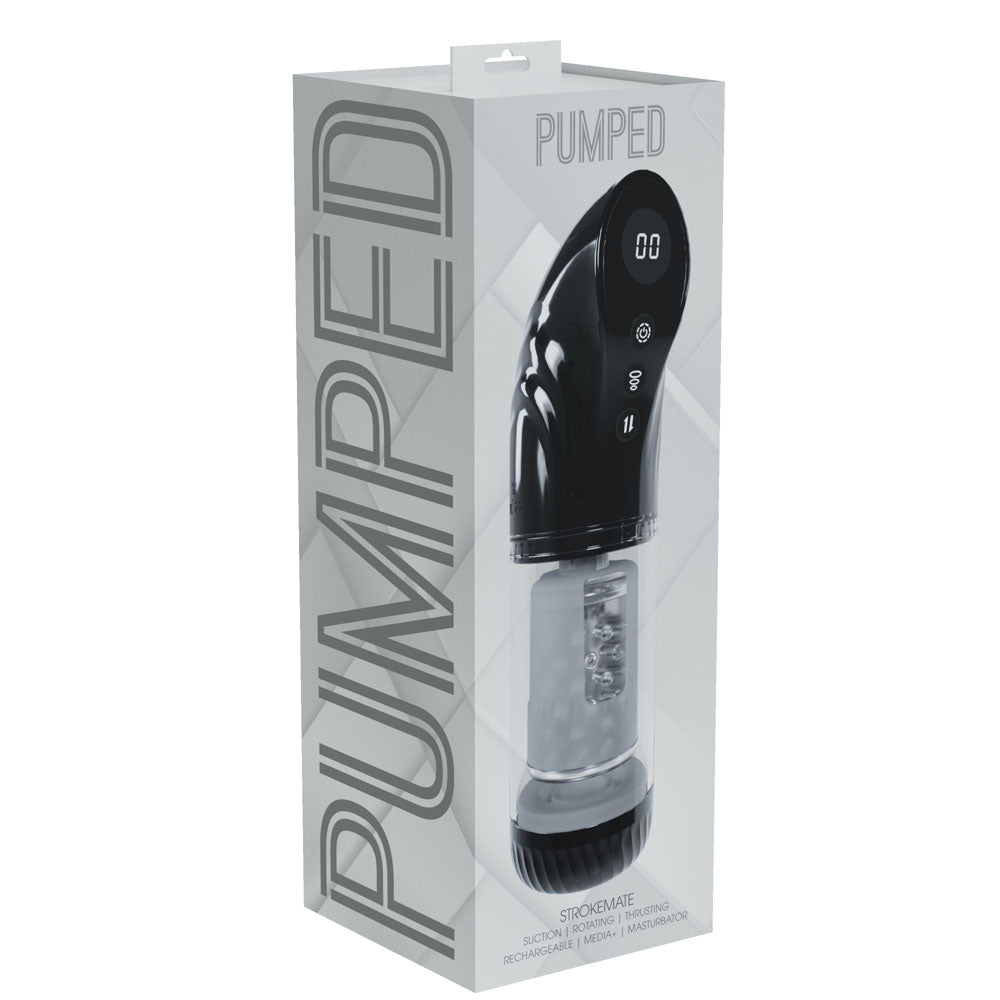Buy PUMPED Strokemate - Black/Clear USB Rechargeable Sucking Rotating and Thrusting Auto Masturbator – Naughtyhut NZ sex toys online. Discreet delivery & top brands.