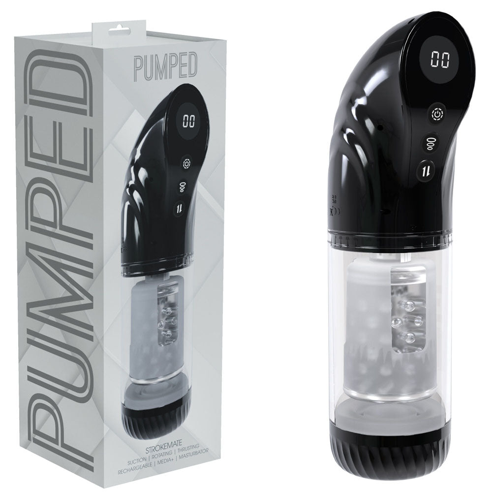 PUMPED Strokemate - Black/Clear USB Rechargeable Sucking Rotating and Thrusting Auto Masturbator – Sex toys NZ by Naughtyhut. Discreet delivery nationwide.