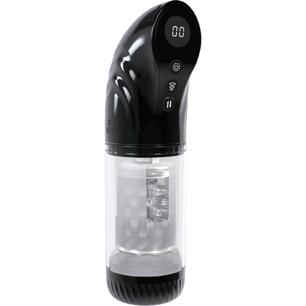 Buy PUMPED Strokemate - Black/Clear USB Rechargeable Sucking Rotating and Thrusting Auto Masturbator – Naughtyhut NZ sex toys online. Discreet delivery & top brands.