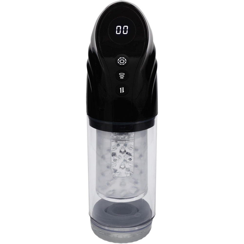 PUMPED Strokemate - Black/Clear USB Rechargeable Sucking Rotating and Thrusting Auto Masturbator – Sex toys NZ by Naughtyhut. Discreet delivery nationwide.