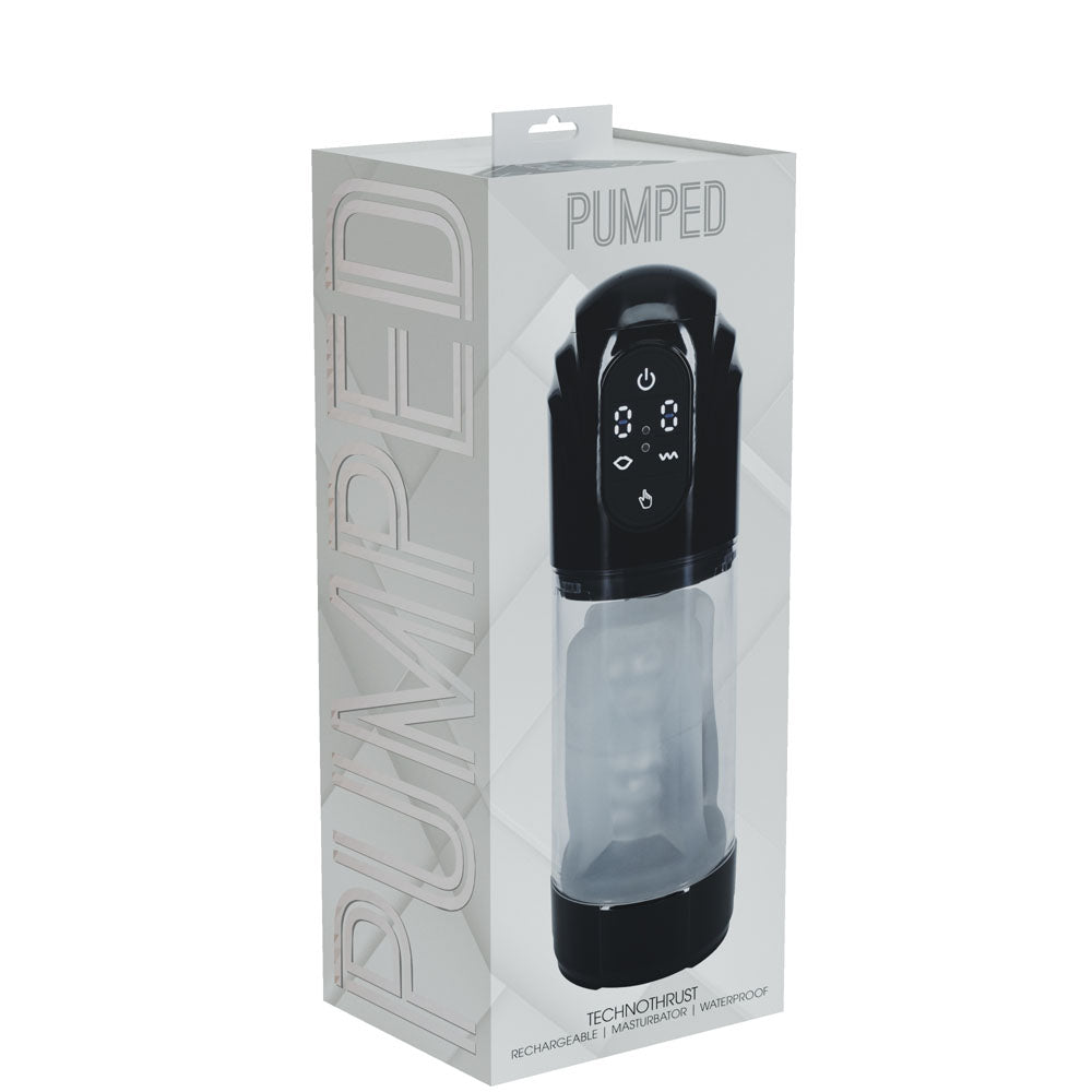 PUMPED TechnoThrust Auto Masturbator - Black/Clear USB Rechargeable Auto Maturbator – Sex toys NZ by Naughtyhut. Discreet delivery nationwide.
