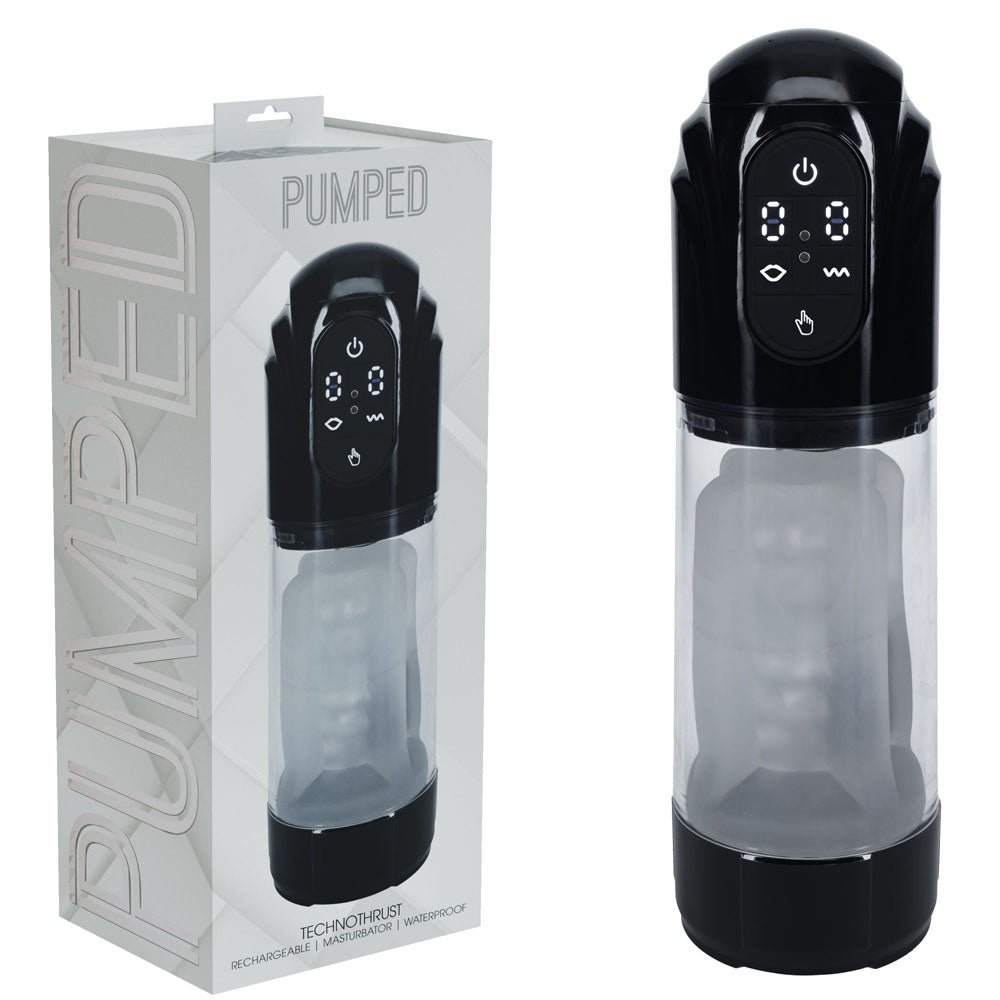 PUMPED TechnoThrust Auto Masturbator - Black/Clear USB Rechargeable Auto Maturbator – Sex toys NZ by Naughtyhut. Discreet delivery nationwide.