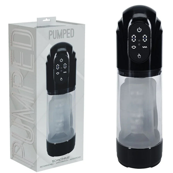 PUMPED TechnoThrust Auto Masturbator in Black, silver box beside the stroker with its clear barrel