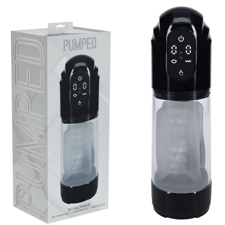 PUMPED TechnoThrust Auto Masturbator - Black/Clear USB Rechargeable Auto Maturbator – Sex toys NZ by Naughtyhut. Discreet delivery nationwide.