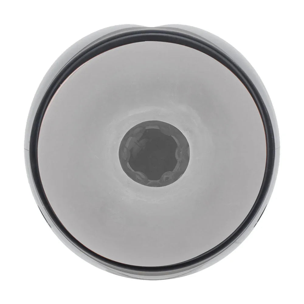 PUMPED Virtuo Auto Masturbator in Gunmetal, head-on view straight into the ribbed sleeve opening