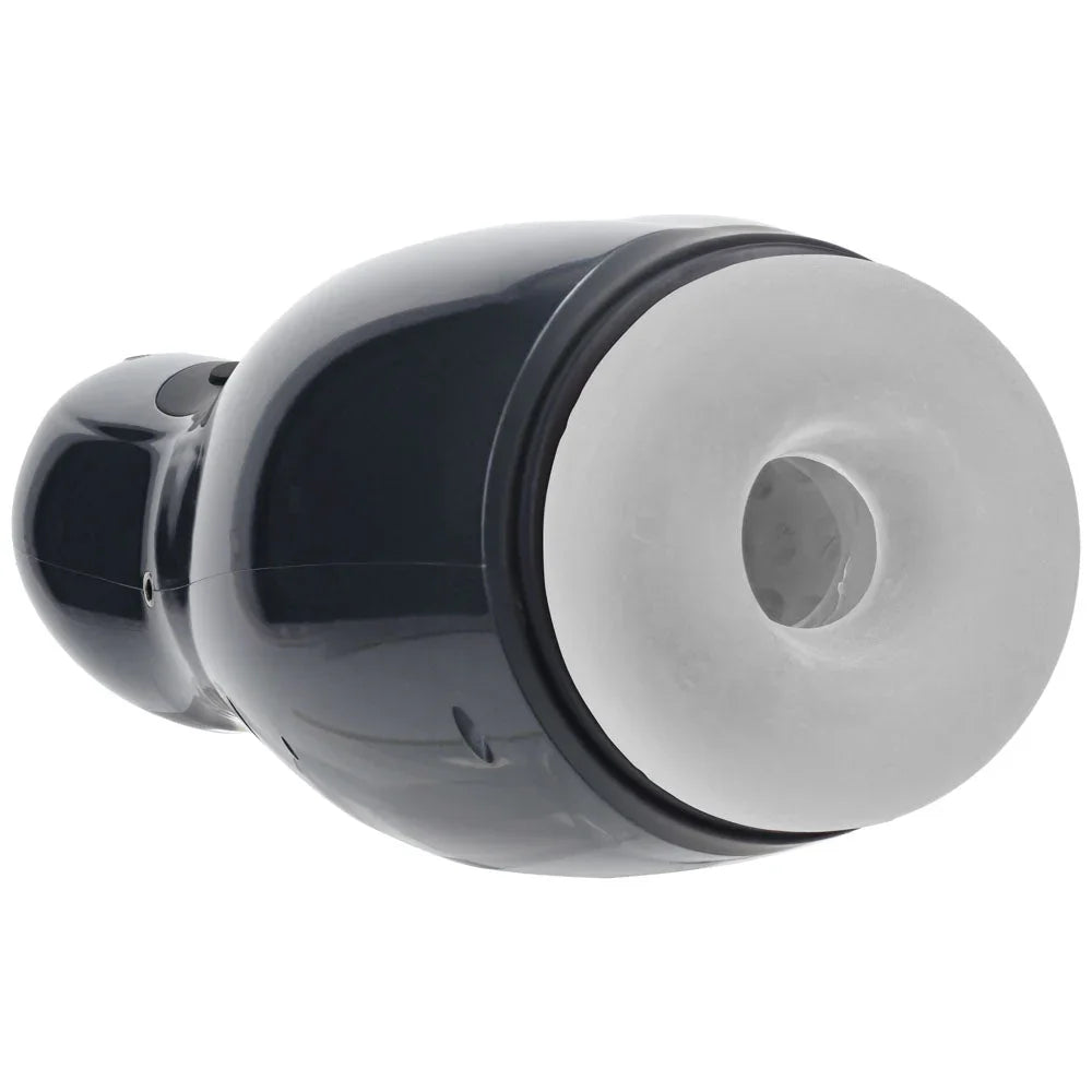 PUMPED Virtuo Auto Masturbator in Gunmetal, tilted to show the pale sleeve and its entry opening