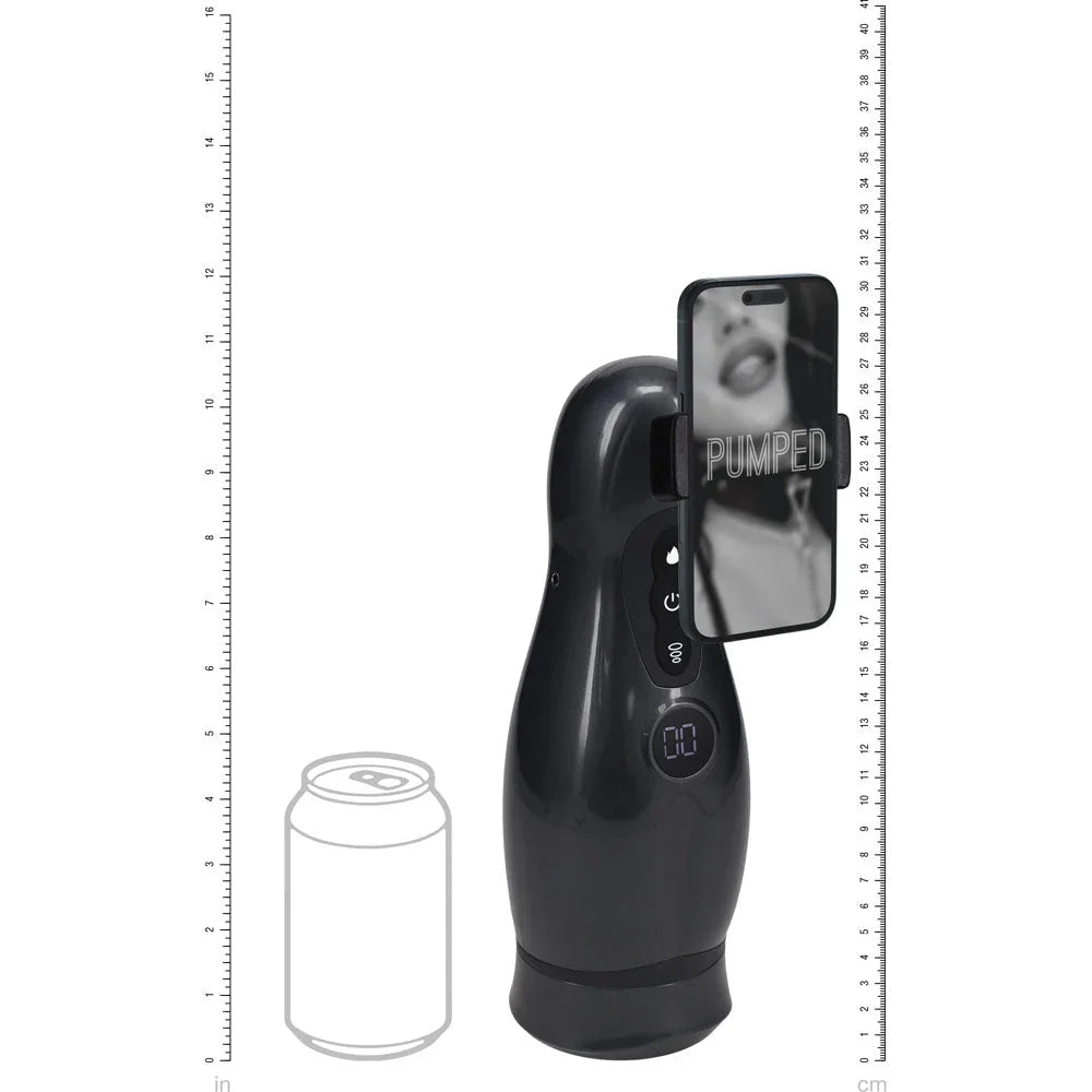 PUMPED Virtuo Auto Masturbator in Gunmetal, scale diagram sizing the stroker against a drink can