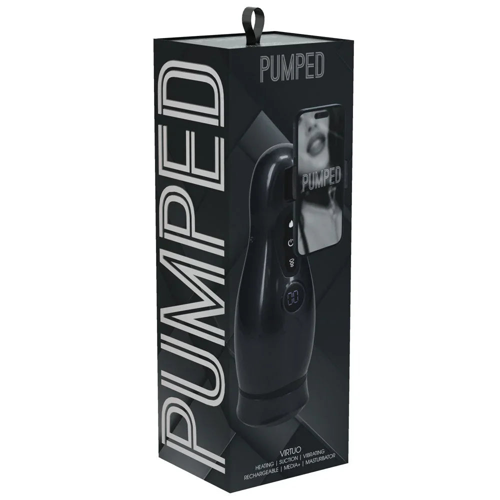 PUMPED Virtuo Auto Masturbator in Gunmetal, front of the black PUMPED Virtuo retail box