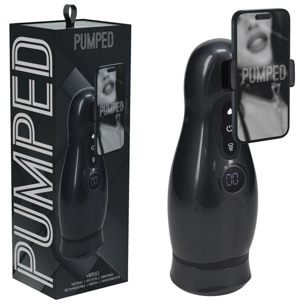 PUMPED Virtuo Auto Masturbator in Gunmetal, retail box beside the stroker with a phone in its clamp