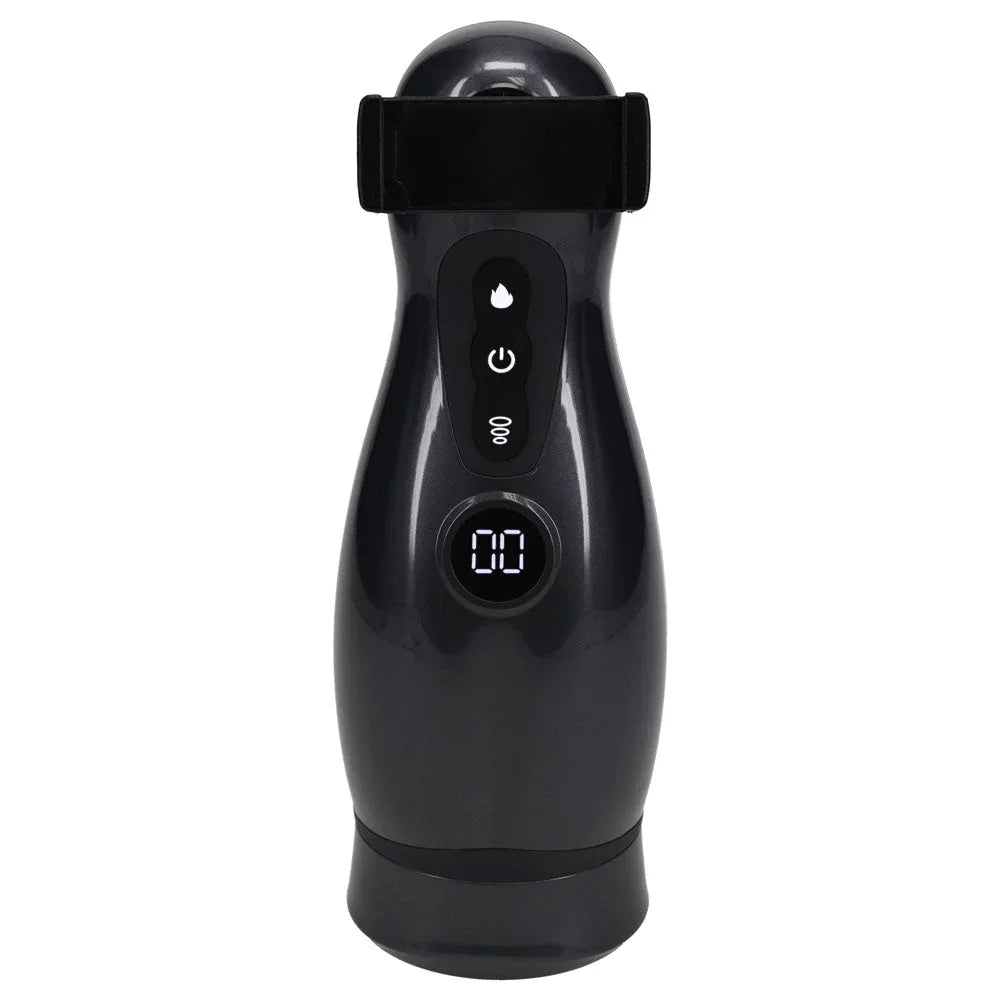 PUMPED Virtuo Auto Masturbator in Gunmetal, the empty phone clamp fitted to the top of the stroker