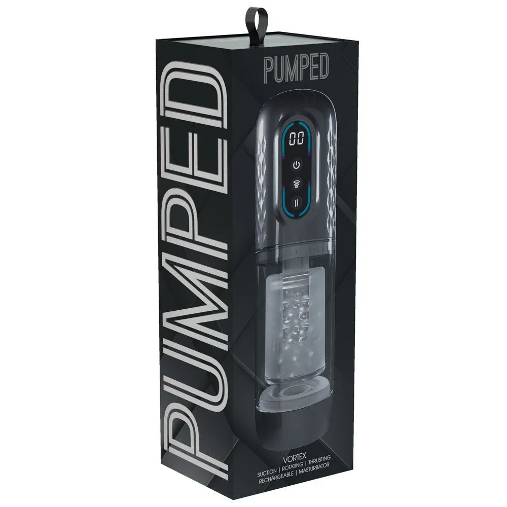 PUMPED Vortex Auto Masturbator in Gunmetal, front of the black PUMPED Vortex retail box