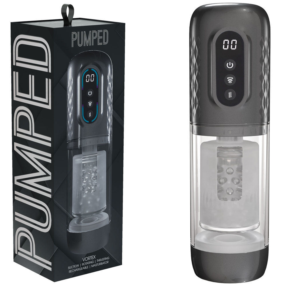 Buy PUMPED Vortex - Gunmetal - Gunmetal Grey/Clear USB Rechargeable Sucking Rotating and Thrusting Auto Masturbator – Naughtyhut NZ sex toys online. Discreet delivery & top brands.