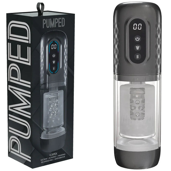 PUMPED Vortex Auto Masturbator in Gunmetal, retail box beside the stroker with its clear barrel