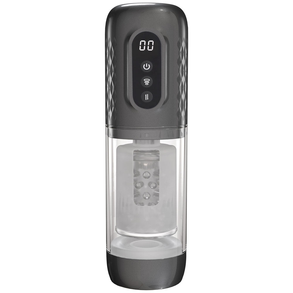 Buy PUMPED Vortex - Gunmetal - Gunmetal Grey/Clear USB Rechargeable Sucking Rotating and Thrusting Auto Masturbator – Naughtyhut NZ sex toys online. Discreet delivery & top brands.