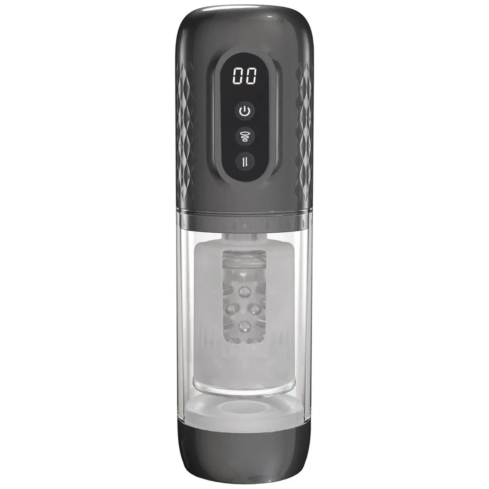 PUMPED Vortex Auto Masturbator in Gunmetal, upright front view showing the digital display and buttons