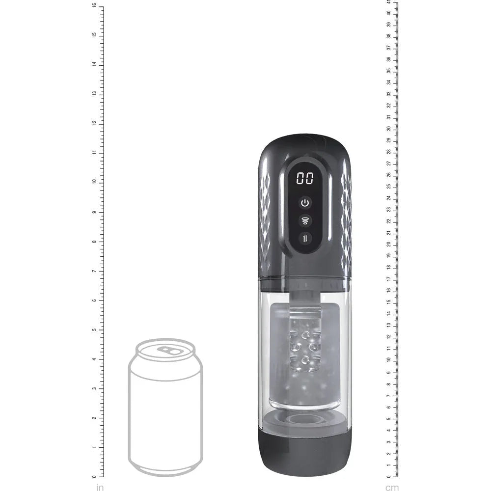 PUMPED Vortex Auto Masturbator in Gunmetal, scale diagram sizing the stroker against a drink can