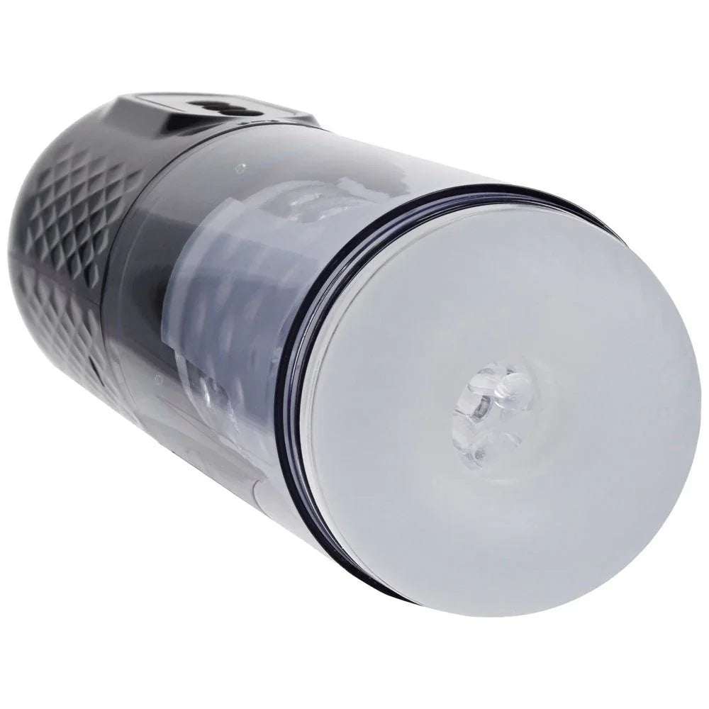 PUMPED Vortex Auto Masturbator in Gunmetal, tilted to show the textured sleeve and entry opening