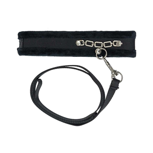 Punishment crystal-detail collar in black velvet with clip-on leash
