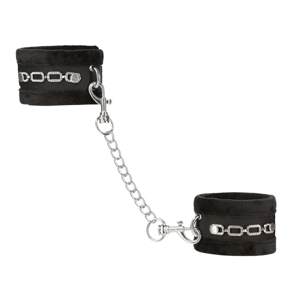 Punishment crystal-detail handcuffs, black velvet cuffs joined by silver chain