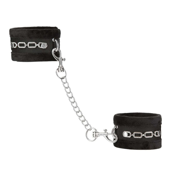 Punishment crystal-detail handcuffs, black velvet cuffs joined by silver chain