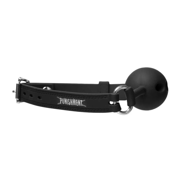 Punishment silicone ball gag, black strap with breathable holed ball